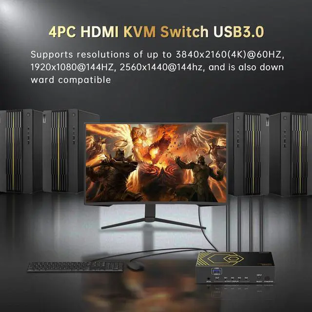 Alt view image 2 of 5 - 4K@60Hz HDMI KVM Switch USB3.0 4 Computers 1 Monitors HDMI 4 Port KVM Switches for 4 PC Share 1 Monitor and 4 USB 3.0 Devices SPDIF L/R Mic Audio with IR Remote Control and 4xUSB 3.0 Cables