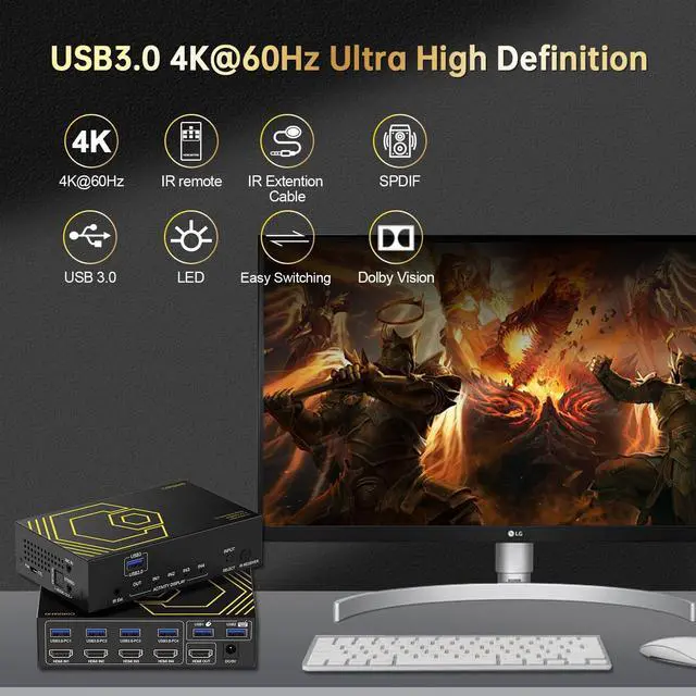 Alt view image 3 of 5 - 4K@60Hz HDMI KVM Switch USB3.0 4 Computers 1 Monitors HDMI 4 Port KVM Switches for 4 PC Share 1 Monitor and 4 USB 3.0 Devices SPDIF L/R Mic Audio with IR Remote Control and 4xUSB 3.0 Cables