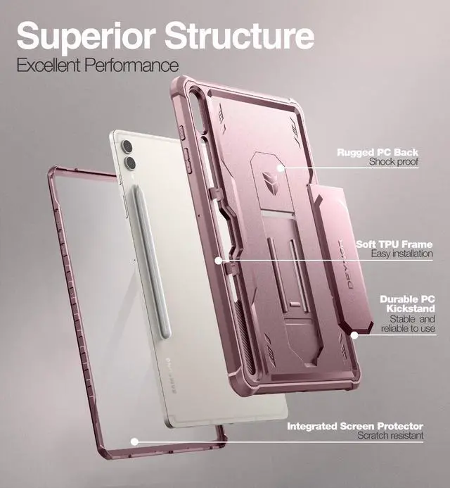 Alt view image 5 of 5 - Dexnor Case for Samsung Galaxy Tab S10 Plus (2024) / Galaxy Tab S9 Plus (2023) 12.4 Inch, [Built in Screen Protector & Kickstand] with Pen Holder Heavy Duty Shockproof Protective Cover - Pink