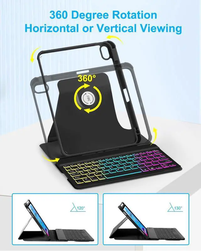 Alt view image 4 of 5 - EAMPANG Case with Keyboard for iPad A16 11th 10th Generation 11/10.9 inch,Rainbow Backlit Detachable Keypad Rotatable Magnetic Cover with Pencil Holder for iPad 11 2025 10 Gen 2022 Black