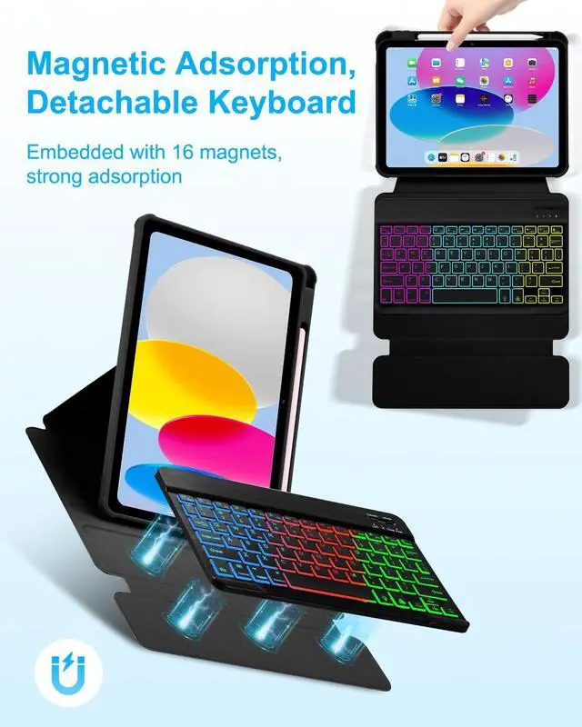 Alt view image 5 of 5 - EAMPANG Case with Keyboard for iPad A16 11th 10th Generation 11/10.9 inch,Rainbow Backlit Detachable Keypad Rotatable Magnetic Cover with Pencil Holder for iPad 11 2025 10 Gen 2022 Black