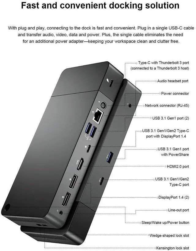 Alt view image 2 of 5 - WD19TB Thunderbolt USB C Docking Station, Single 5K Dual 4K or Triple Display with 180W Power Adapter (1*Thunderbolt C, 2 DP, 1 HDMI, 2 USB C, 3 USB, 1 RJ45, 2 3.5 Ports, 1 DC Power)