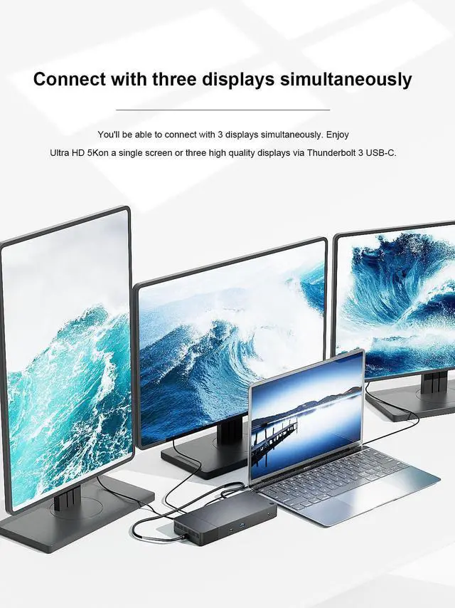 Alt view image 3 of 5 - WD19TB Thunderbolt USB C Docking Station, Single 5K Dual 4K or Triple Display with 180W Power Adapter (1*Thunderbolt C, 2 DP, 1 HDMI, 2 USB C, 3 USB, 1 RJ45, 2 3.5 Ports, 1 DC Power)