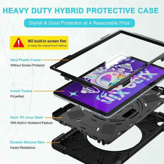 Alt view image 3 of 5 - Rugged Case for Lenovo-Tab-M10-Plus (3rd Gen) 10.6" 2022 w/Stylus Holder & 360deg Rotating Kickstand, Heavy Duty Hybrid Shock-Proof Cover with Hand/Shoulder Strap TB125FU/TB128FU/TB128XU (Black)