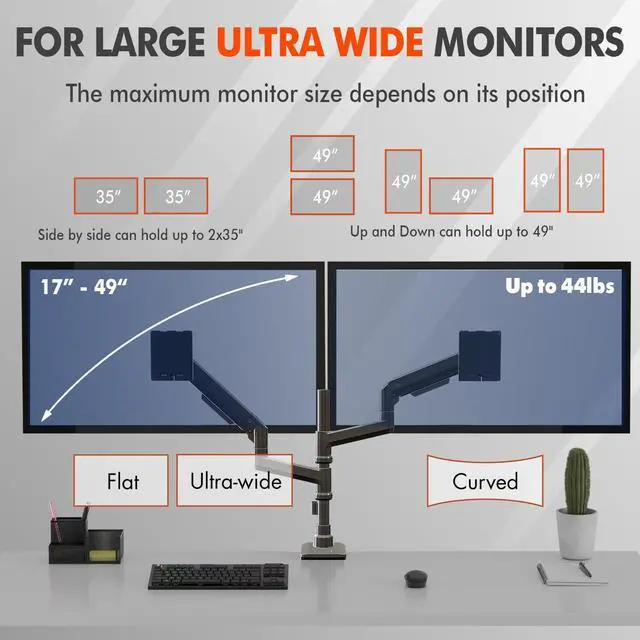 Alt view image 3 of 5 - G-PACK PRO Dual Monitor Arm for 17-49 Inch Ultrawide Screens  Heavy Duty Monitor Arm Desk Mount  VESA Mount with Clamp and Grommet Base  Holds Up to 44 lbs. Each