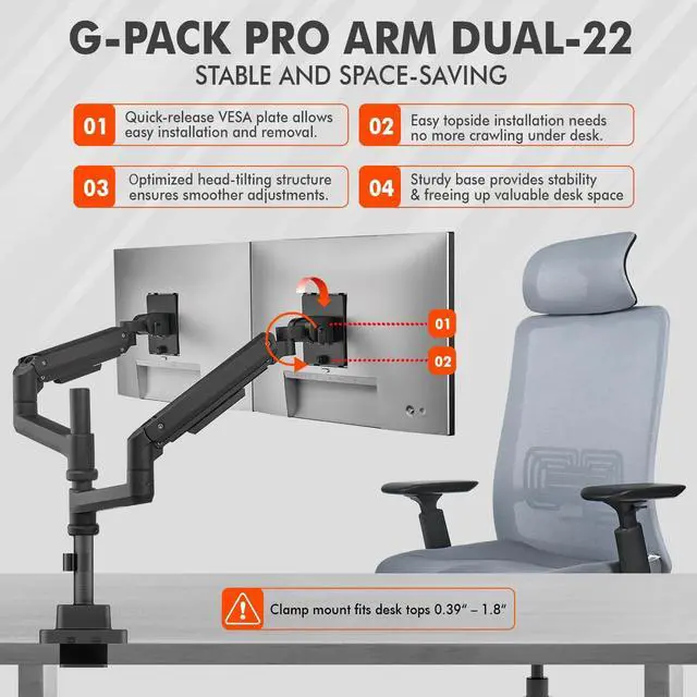Alt view image 5 of 5 - G-PACK PRO Dual Monitor Arm for 17-49 Inch Ultrawide Screens  Heavy Duty Monitor Arm Desk Mount  VESA Mount with Clamp and Grommet Base  Holds Up to 44 lbs. Each
