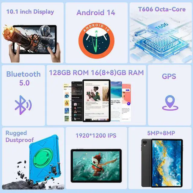 Alt view image 3 of 5 - HUIHUANG Tablet 10 Inch Android 14 Tablet, 16GB RAM 128GB ROM, 1TB Expansion, Octa-core, Large Capacity Battery, 5MP + 8MP Dual Camera, 5G/2.4G WiFi, Bluetooth 5.0, GPS, Drop-Proof Case (Blue)
