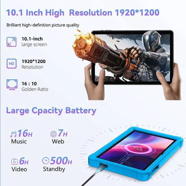 Alt view image 5 of 5 - HUIHUANG Tablet 10 Inch Android 14 Tablet, 16GB RAM 128GB ROM, 1TB Expansion, Octa-core, Large Capacity Battery, 5MP + 8MP Dual Camera, 5G/2.4G WiFi, Bluetooth 5.0, GPS, Drop-Proof Case (Blue)