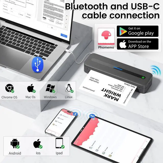 Alt view image 3 of 5 - ItriAce M832 Portable Printer, 300DPI Wireless Bluetooth Thermal Printer, Support Multi-Size Thermal Paper, with Continuous Thermal Paper 4 Rolls