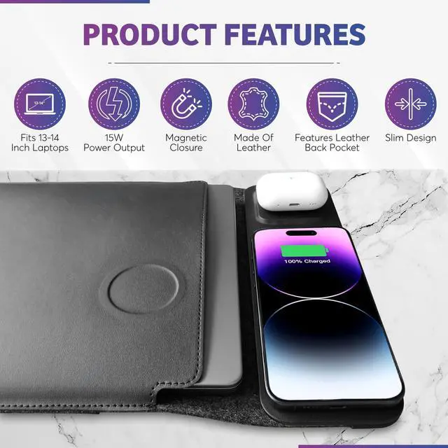 Alt view image 4 of 5 - 4-in-1 Laptop Sleeve with Wireless Charging - 13/14 inch - Updated Version- Charging Mat for Laptop - Compatible with MagSafe - Use as Case, Phone and Earbuds Charging Pad, Desk and Mouse Pad