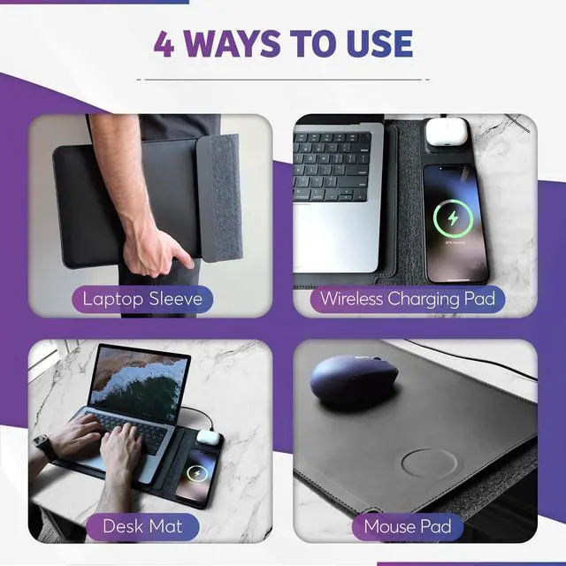 Alt view image 3 of 5 - 4-in-1 Laptop Sleeve with Wireless Charging - 13/14 inch - Updated Version- Charging Mat for Laptop - Compatible with MagSafe - Use as Case, Phone and Earbuds Charging Pad, Desk and Mouse Pad