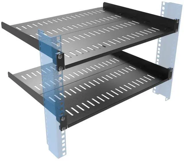 Main image of JINGCHENGMEI 2 PCS 1U Vented Server Rack Shelf, 14-17 Inch Adjustable Universal Cantilever Rack Mount Tray for 19 Inch Networking Equipments Rack Enclosure, Black (1U14In2PCS)