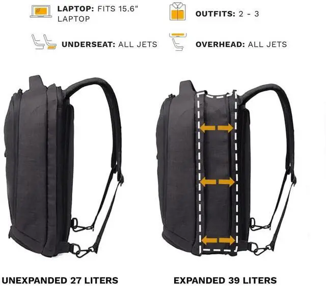 Alt view image 3 of 5 - Knack Series 1 Laptop Backpack Travel Set Fits up to 15 Inch - Includes Expandable Packing Insert, and Knack's Insulated Bottle, TSA Approved, Expandable Travel Backpacks (Black, Medium)