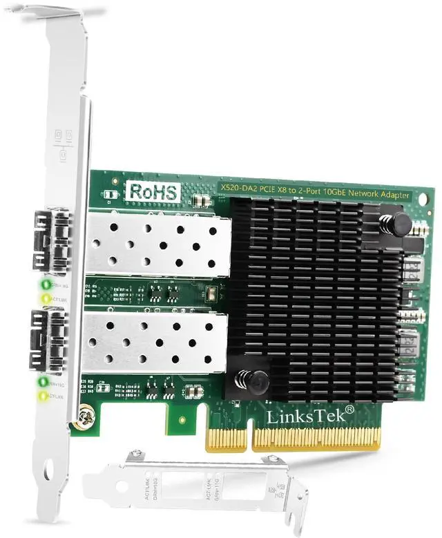 Main image of LinksTek X520-DA2 2X 10GbE SFP+ Fiber Ports Converged Ethernet Adapter for Servers, NAS and Desktop PCs. Intel 82599ES 10Gbps Ethernet Controller, PCIE X8 to 2X 10GbE SFP+ NIC Card (X520-DA2)