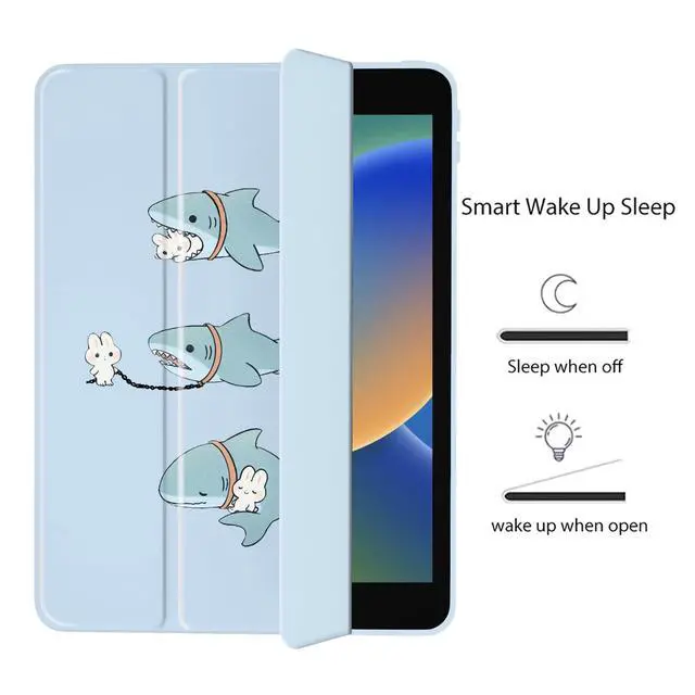 Alt view image 3 of 5 - Cute Shark Bunny for iPad 10.2 Inch 7th/8th/9th Gen Case 2019/2020/2021 with Pencil Holder, Foldable Blue Leather Cover Case, Support Auto Sleep Wake