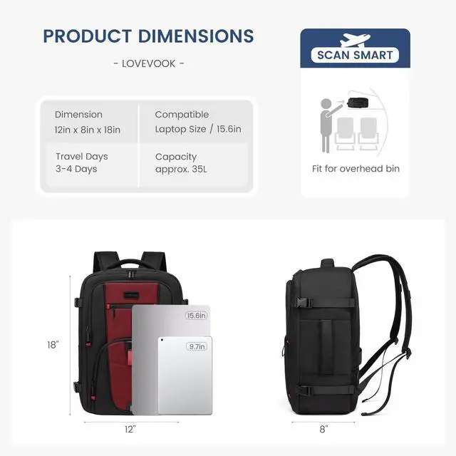 Alt view image 5 of 5 - LOVEVOOK Travel Laptop Backpack for Men, 35L Large Carry On Backpack Personal Item Size, Airline Approved Waterproof Bookbag with 2 Packing Cubes Fits 15.6" Laptop, Black&Red