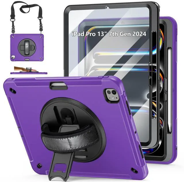 Main image of Case for iPad Pro 13 Inch 7th Generation 2024: Military Grade Cover for iPad Pro 13" (M4) W/Screen Protector - Stand - Handle - Shoulder Strap - Pencil Holder- Purple