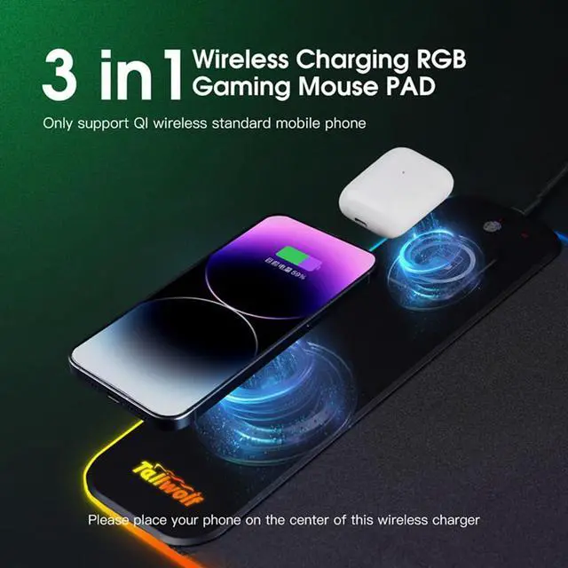 Alt view image 2 of 5 - MINLIU 3-in-1 Wireless Charging RGB Gaming Mouse Pad, 800x300mm, 10 LED Light Modes, Non-Slip Rubber Base, USB, Compatible with PC