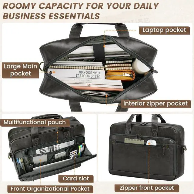 Alt view image 3 of 5 - RAINSMORE Mens Laptop Bag 16 Inch Leather Briefcase Vintage Messenger Bag for Men Large Crossbody Shoulder Office Computer Bag Retro College Satchel for Work, Business,Travel, Grey