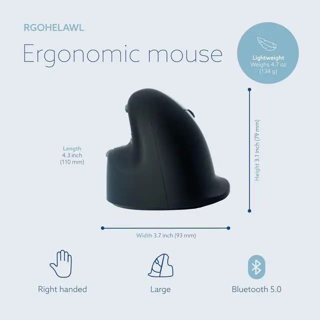 Alt view image 3 of 5 - R-Go HE Vertical Ergonomic Mouse, Wireless Bluetooth 5.0, for Large Hand, with Break Software, Prevents Tennis Elbow/Mouse Arm RSI, Silent Click, 5 Buttons - Compatible Windows/MacOS, Black