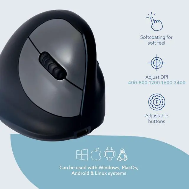 Alt view image 4 of 5 - R-Go HE Vertical Ergonomic Mouse, Wireless Bluetooth 5.0, for Large Hand, with Break Software, Prevents Tennis Elbow/Mouse Arm RSI, Silent Click, 5 Buttons - Compatible Windows/MacOS, Black
