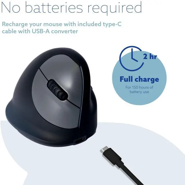 Alt view image 5 of 5 - R-Go HE Vertical Ergonomic Mouse, Wireless Bluetooth 5.0, for Large Hand, with Break Software, Prevents Tennis Elbow/Mouse Arm RSI, Silent Click, 5 Buttons - Compatible Windows/MacOS, Black
