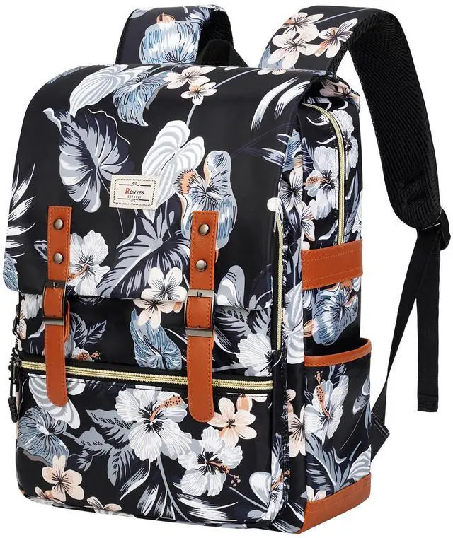 Main image of Ronyes Vintage Backpack for Women Men, Laptop Backpack 15.6 inch Bookbag Casual Daypack for College Work, Black with Flower Pattern