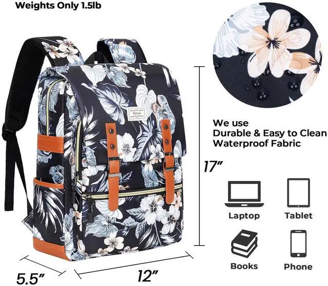Alt view image 3 of 5 - Ronyes Vintage Backpack for Women Men, Laptop Backpack 15.6 inch Bookbag Casual Daypack for College Work, Black with Flower Pattern