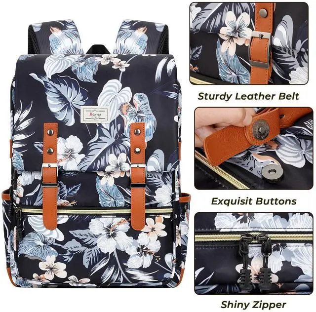 Alt view image 5 of 5 - Ronyes Vintage Backpack for Women Men, Laptop Backpack 15.6 inch Bookbag Casual Daypack for College Work, Black with Flower Pattern