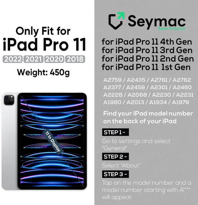 Alt view image 2 of 5 - SEYMAC Case for iPad Pro 11 Case 4th/ 3rd/ 2nd/ 1st Gen (2022/2021/2020/2018), Full-Body Shockproof Protective Case with Screen Protector, 360° Rotating Stand and Hand/Shoulder Strap, Black