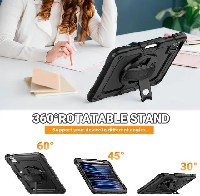 Alt view image 4 of 5 - SEYMAC Case for iPad Pro 11 Case 4th/ 3rd/ 2nd/ 1st Gen (2022/2021/2020/2018), Full-Body Shockproof Protective Case with Screen Protector, 360° Rotating Stand and Hand/Shoulder Strap, Black