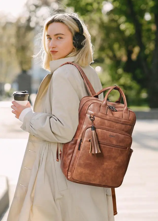 Alt view image 2 of 5 - Shrrie Laptop Backpack for Women 15.6 inch Travel Leather Backpack Purse Work Computer Backpacks for Business College Brown