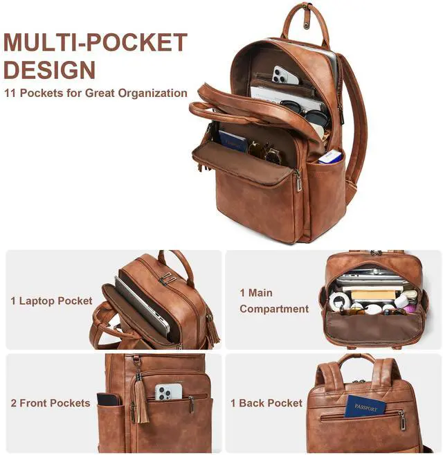 Alt view image 3 of 5 - Shrrie Laptop Backpack for Women 15.6 inch Travel Leather Backpack Purse Work Computer Backpacks for Business College Brown