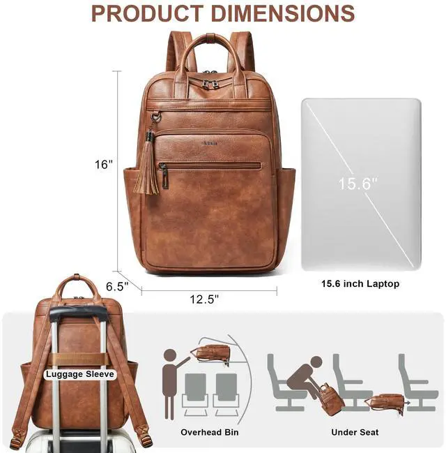 Alt view image 5 of 5 - Shrrie Laptop Backpack for Women 15.6 inch Travel Leather Backpack Purse Work Computer Backpacks for Business College Brown