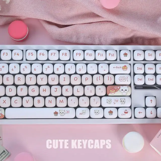 Alt view image 2 of 5 - Sumgsn PBT Cute Cat MOG Profile Keycap Set, 139 Keys, Light Red, Mx Cherry Mechanical Keyboard 60 75 100 Percent