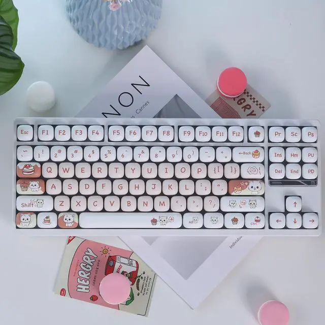Alt view image 4 of 5 - Sumgsn PBT Cute Cat MOG Profile Keycap Set, 139 Keys, Light Red, Mx Cherry Mechanical Keyboard 60 75 100 Percent
