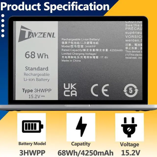 Alt view image 2 of 5 - TAVZENL 3HWPP 68Wh Battery Replacement for Dell Inspiron 7500 7506 2-in-1 Black Latitude 5501 5401 5511 5510 5411 5410 Precision 3541 3551 3550 Series 15.2V 4250mAh