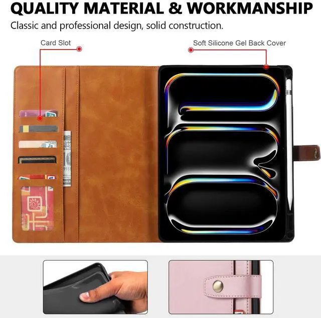 Alt view image 3 of 5 - Folio Case for iPad Pro 13 (M4) 2024 7th Gen, TECHCIRCLE Vegan Leather Folding Stand [Built-in Pencil Holder] Soft TPU Back Shell Protective Smart Cover with Card Slots & Pockets, Rose Gold