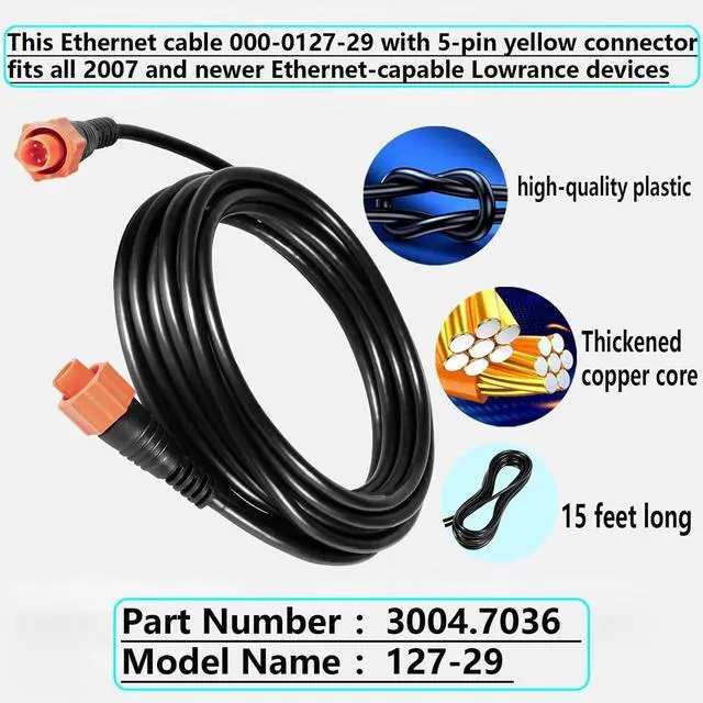 Alt view image 4 of 5 - Generic 0127-29 Ethernet Cable Cat6 Cable 15ft(4.5m) ETHEXT-15YL 5-Pin Network Cable Fit for Most Lowrance Devices Fit for GlobalMap StructureScan Radar, Black, 3004.7036L
