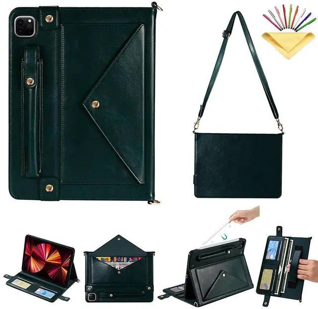 Main image of UUcovers Crossbody Handbag Case for iPad Air 13 inch M3/M2 (2025/2024) with Pencil Holder/Shoulder Strap/Hand Strap/Pockets,Folio Stand PU Leather Carrying Magnetic Wallet Envelope Cover, Dark Green