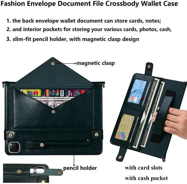 Alt view image 4 of 5 - UUcovers Crossbody Handbag Case for iPad Air 13 inch M3/M2 (2025/2024) with Pencil Holder/Shoulder Strap/Hand Strap/Pockets,Folio Stand PU Leather Carrying Magnetic Wallet Envelope Cover, Dark Green
