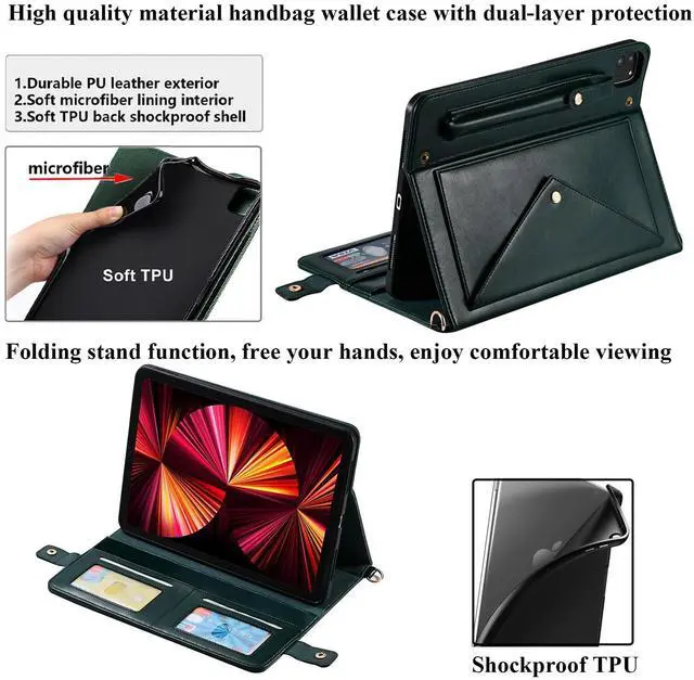 Alt view image 5 of 5 - UUcovers Crossbody Handbag Case for iPad Air 13 inch M3/M2 (2025/2024) with Pencil Holder/Shoulder Strap/Hand Strap/Pockets,Folio Stand PU Leather Carrying Magnetic Wallet Envelope Cover, Dark Green