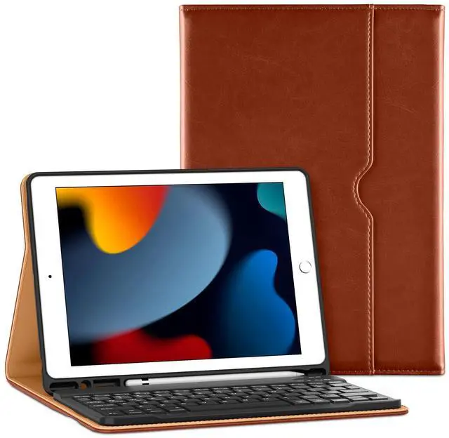 Main image of VIKESI Keyboard Case for iPad 9th / 8th / 7th Generation 10.2 inch (2021/2020/2019), Premium Leather Smart Cover, Built-in Breathing Light, Function Row, Pencil Holder, Card Slots - Brown