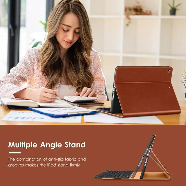 Alt view image 5 of 5 - VIKESI Keyboard Case for iPad 9th / 8th / 7th Generation 10.2 inch (2021/2020/2019), Premium Leather Smart Cover, Built-in Breathing Light, Function Row, Pencil Holder, Card Slots - Brown