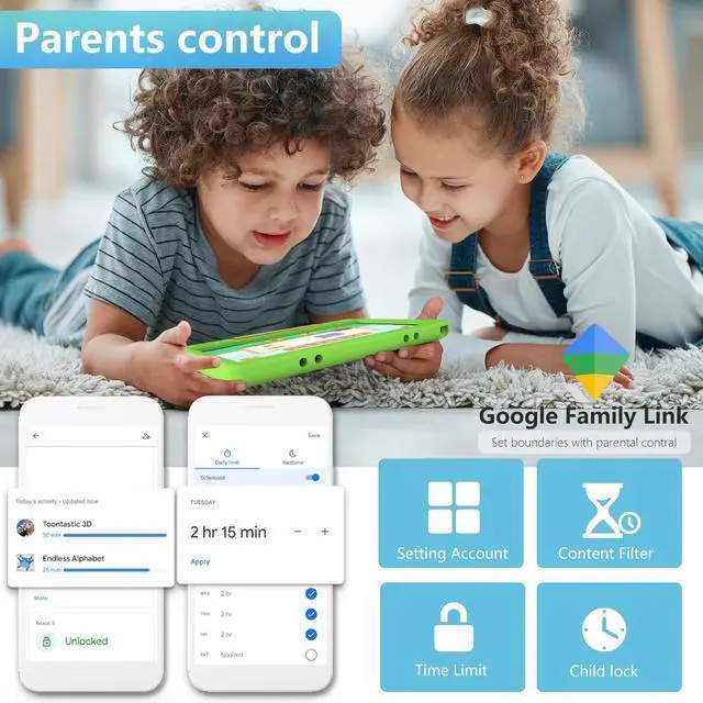 Alt view image 3 of 5 - YACXBTK Tablet for Kids 10.1 inch Android 14 6000mHA 8GB RAM+64GB ROM(Expandable to 1TB Kids Tablet Age 3-12 with Case& Lanyard WiFi6 Google Kids Space Parental Control 1280 * 800 HD Screen Green