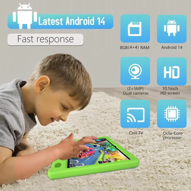 Alt view image 5 of 5 - YACXBTK Tablet for Kids 10.1 inch Android 14 6000mHA 8GB RAM+64GB ROM(Expandable to 1TB Kids Tablet Age 3-12 with Case& Lanyard WiFi6 Google Kids Space Parental Control 1280 * 800 HD Screen Green