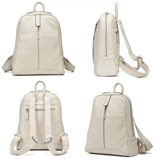 Alt view image 3 of 5 - Simple Genuine Leather Backpack Women Laptop Casual Knapsack Ladies Travel Bag (Beige)