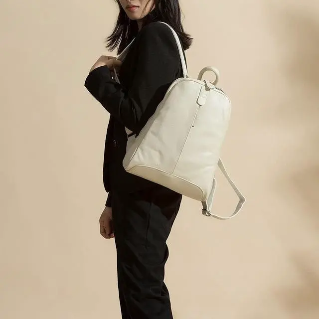Alt view image 5 of 5 - Simple Genuine Leather Backpack Women Laptop Casual Knapsack Ladies Travel Bag (Beige)