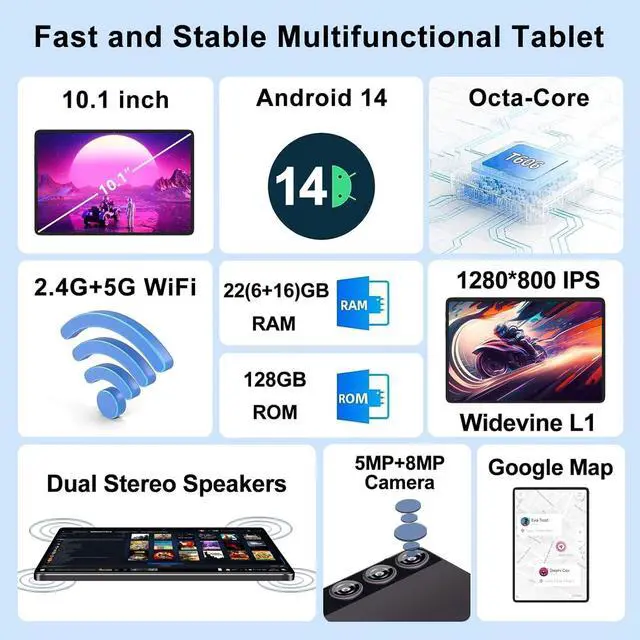 Alt view image 2 of 5 - Android 14 Tablet, 2024 Tablets with 10 Inch IPS Incell Screen, 22GB+128GB (1TB Expand), 8000mAh Octa-Core Tablet with Keyboard, Mouse, Case, GPS, BT5.0, Support Widevine L1, Split Screen -Metal Blue