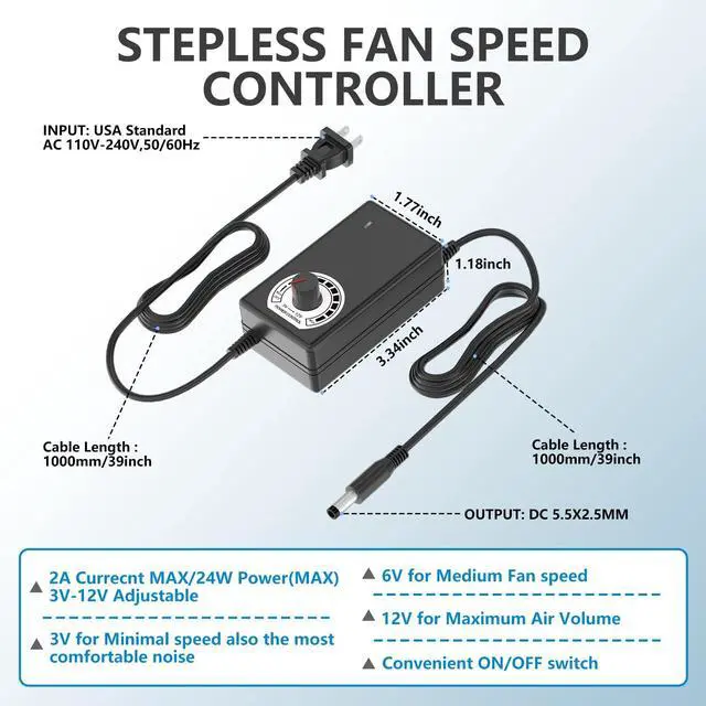 Alt view image 5 of 5 - Big Airflow 240mm Computer Fan with AC Plug, Zirsso AC 110V 120V 220V 240V Variable Speed Fan for Mining Machine Cabinet Chassis Server Workstation Cooling